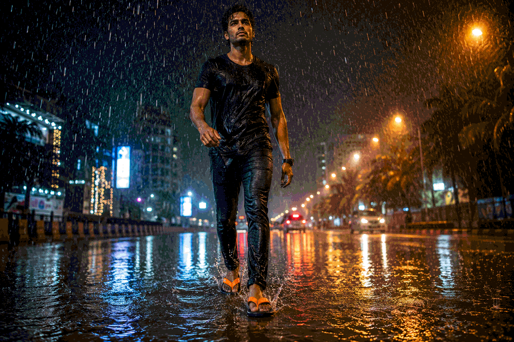 Walking in rain storm night