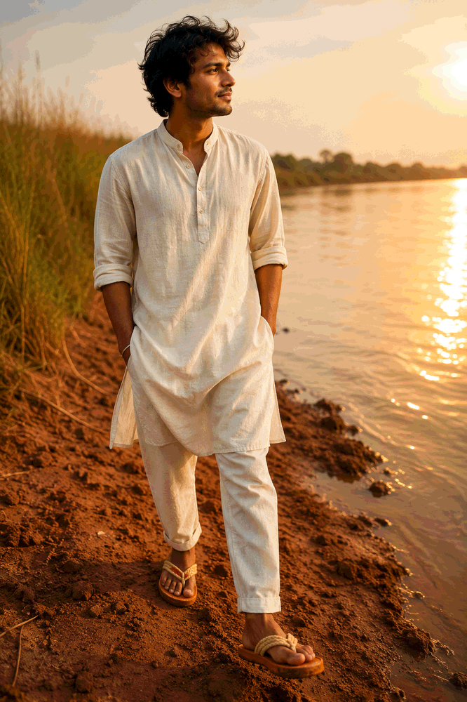 Walking along sunset river in white linen kurta